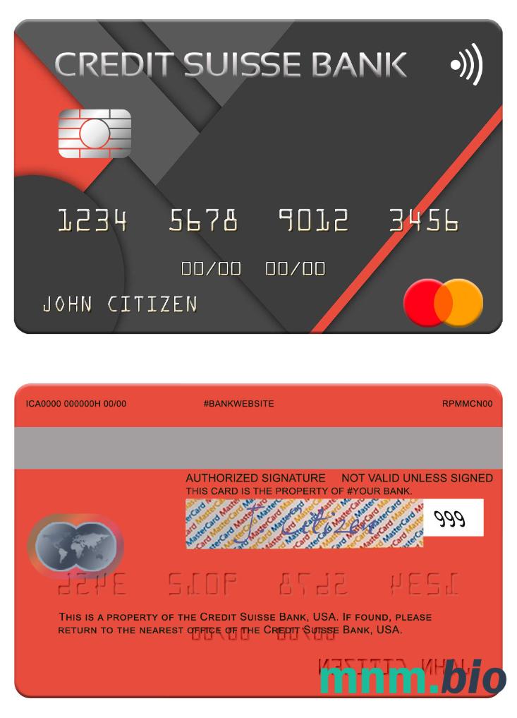 USA Credit Suisse Bank przykład karty mastercard w formacie PSD